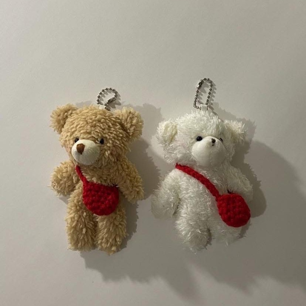 Plush Bear Keychain Pair with Red Crossbody Bags
